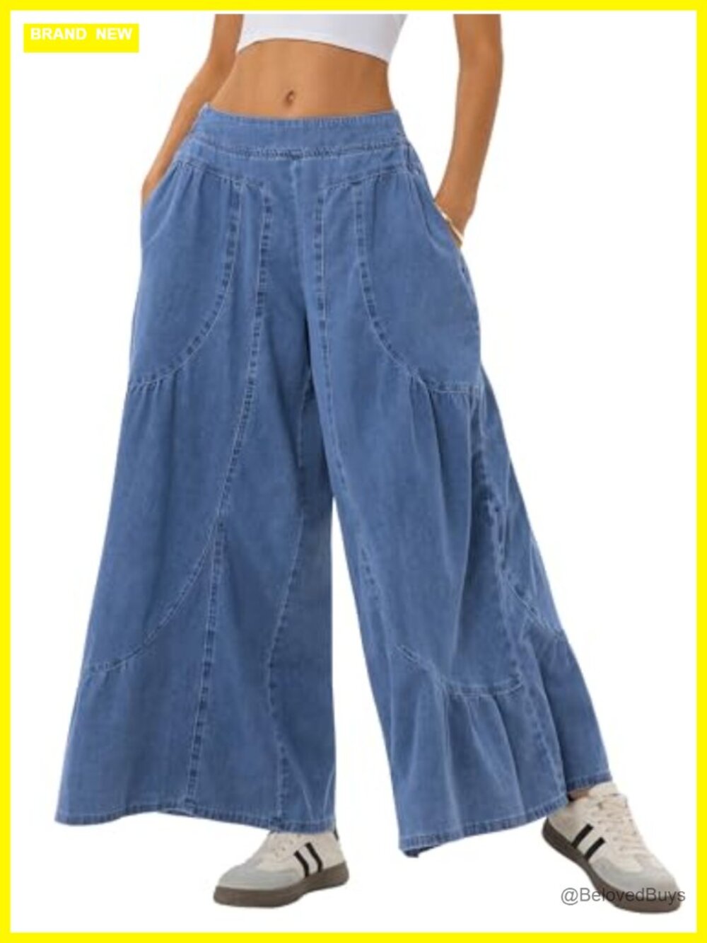 Womens Boho Wide Leg Palazzo Jeans Ruffle Hem High Waist Flowy Denim Pants
